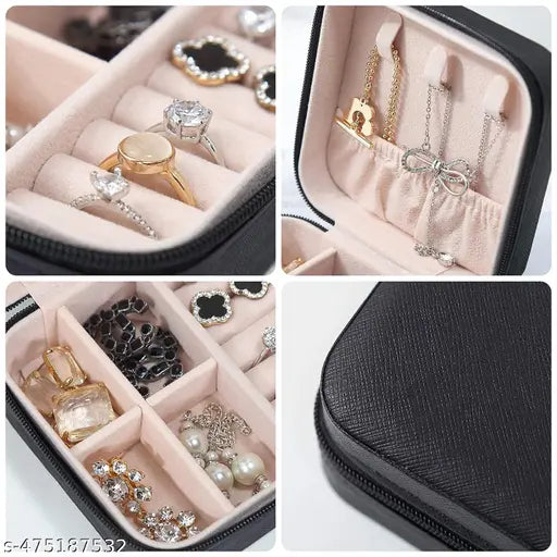 Compact Faux Leather Jewelry Organizer – Travel Case for Rings, Earrings, Necklaces, and More (Black) - JustHomely