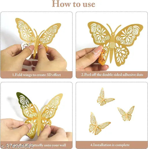 3D Gold Butterfly Wall Decor – Elegant Stickers for Room, Party, & Nursery (12 Pcs) - JustHomely