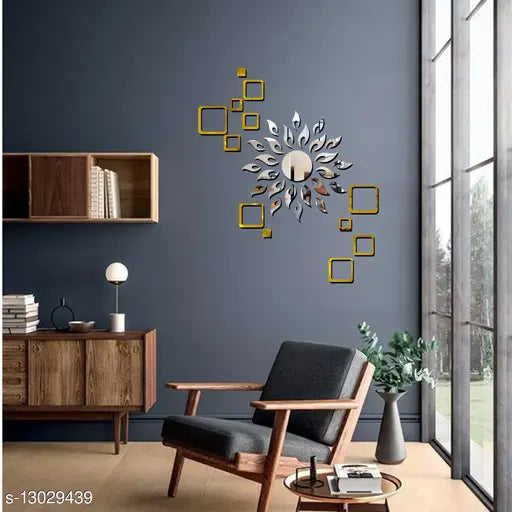 Sun Silver Mirror With 2 Set Golden 3D Acrylic Wall Sticker – Abstract Wall Decor - JustHomely