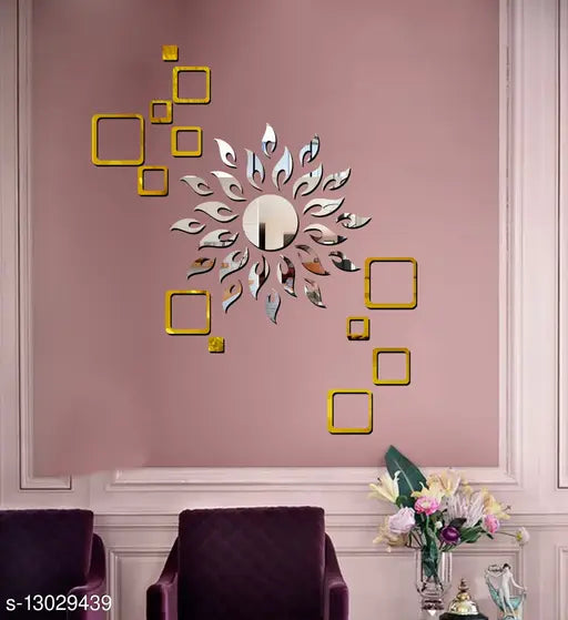 Sun Silver Mirror With 2 Set Golden 3D Acrylic Wall Sticker – Abstract Wall Decor - JustHomely