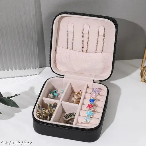 Compact Faux Leather Jewelry Organizer – Travel Case for Rings, Earrings, Necklaces, and More (Black) - JustHomely