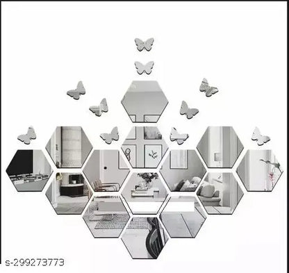 14 Hexagon Silver Mirror with 10 Butterflies – Decorative Glass Wall Decor - JustHomely