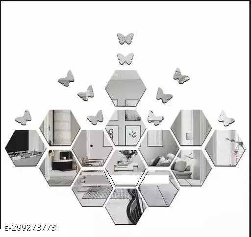 14 Hexagon Silver Mirror with 10 Butterflies – Decorative Glass Wall Decor - JustHomely