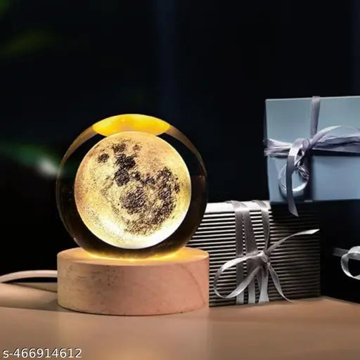 3D Crystal Moon Lamp – Engraved Crystal Ball Night Light with Wooden LED Base - JustHomely