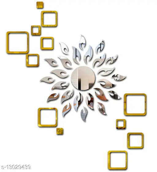 Sun Silver Mirror With 2 Set Golden 3D Acrylic Wall Sticker – Abstract Wall Decor - JustHomely